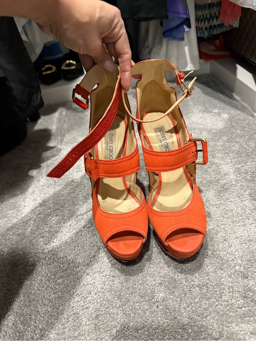 Jimmy Choo Bright Orange Peep-Toe Ankle Strap Heels